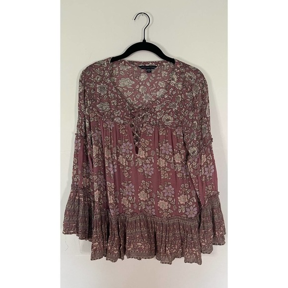 American Eagle Floral Lace-Up Bell Sleeve Top size S - Picture 3 of 8
